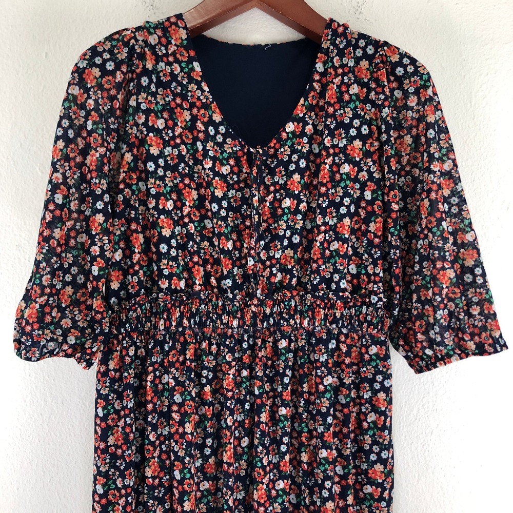 Peasant Boho Prairie Floral V-Neck Smocked Waist Midi Dress Navy Blue Multi 1X